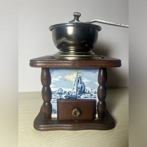 Vintage Coffee Grinder Ceramic and Wood Dutch Windmill Design Blue And White